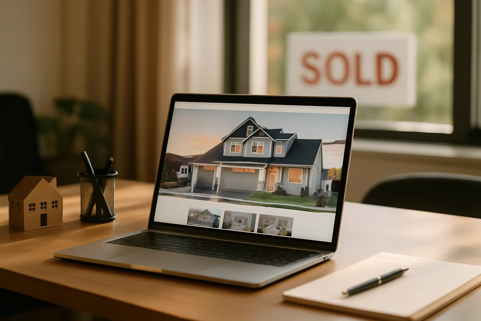 Clean real estate agent website displayed on a laptop in a professional broker office