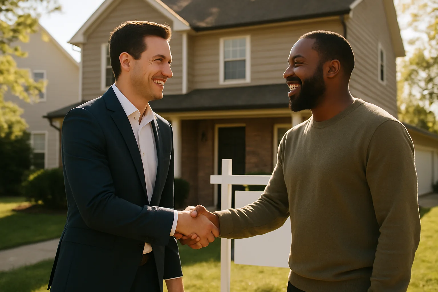 Real estate broker closing a deal with a client in front of a residential property