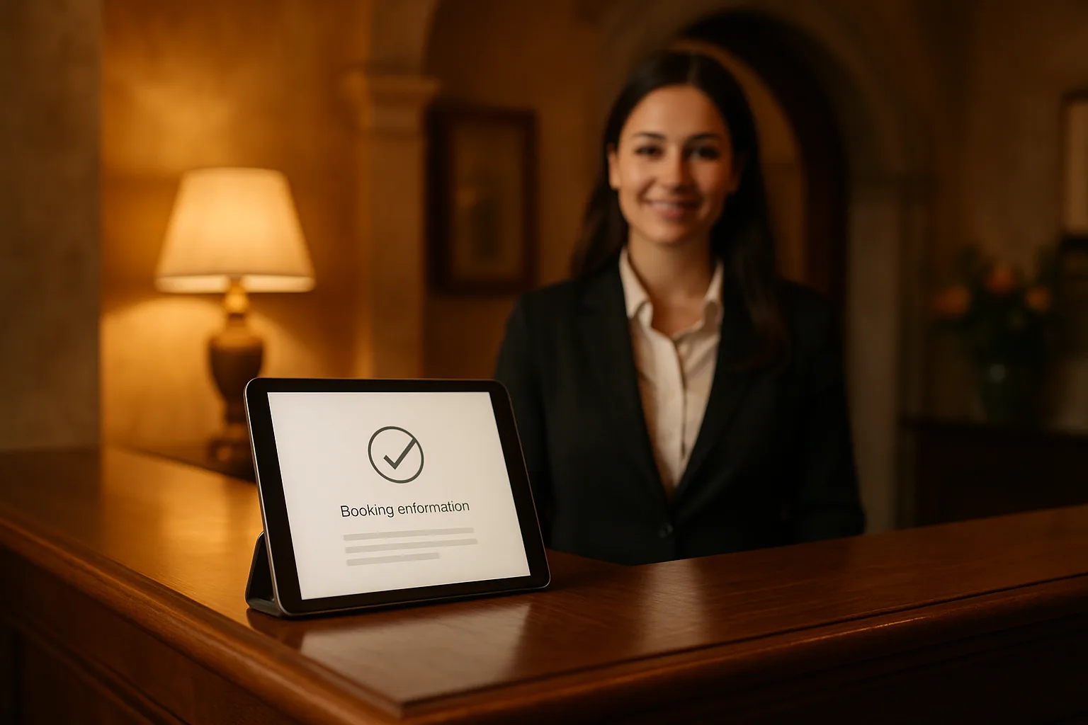 Reception di un piccolo hotel italiano con prenotazione digitale su tablet