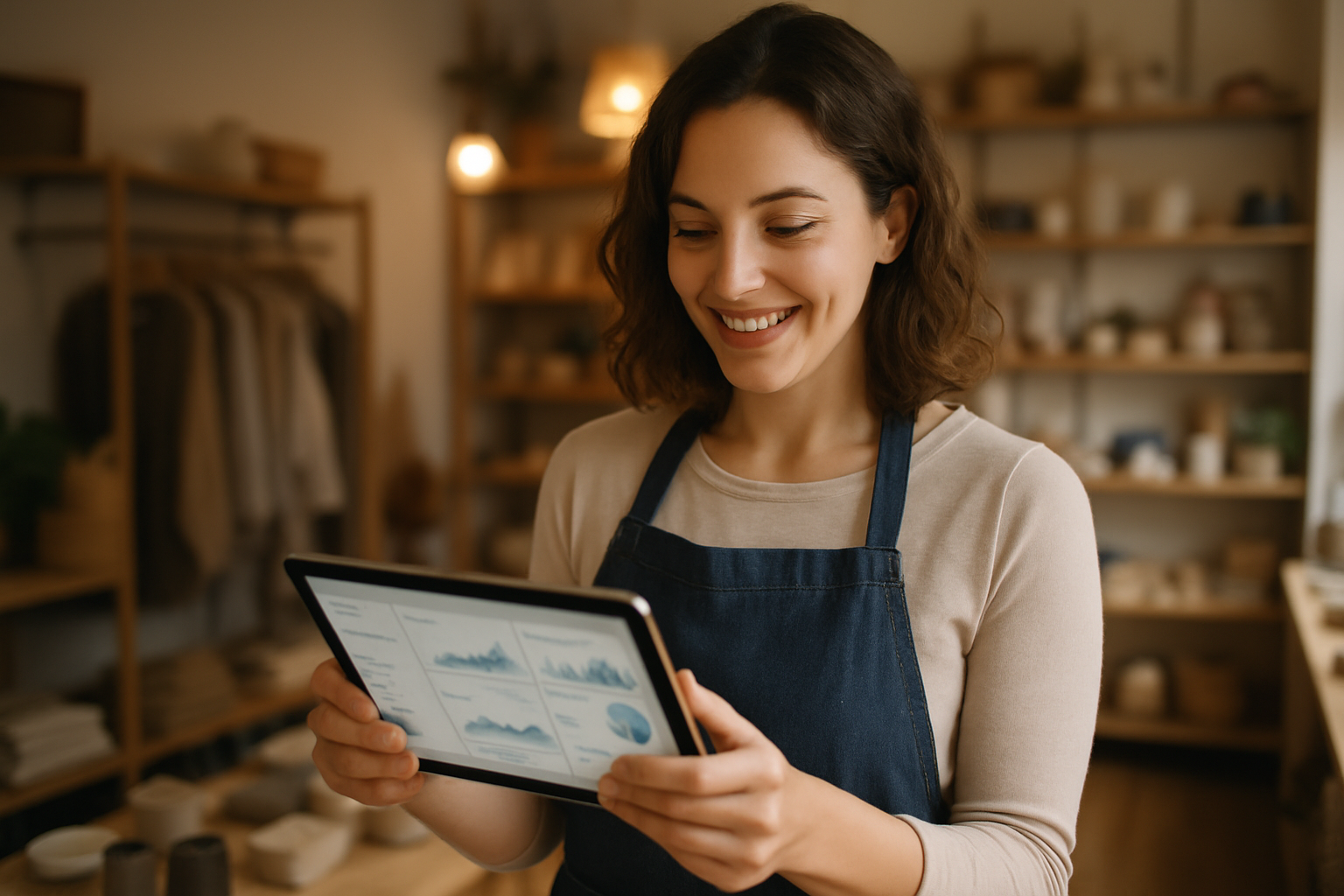 Small business owner checking her website performance on a tablet in her shop