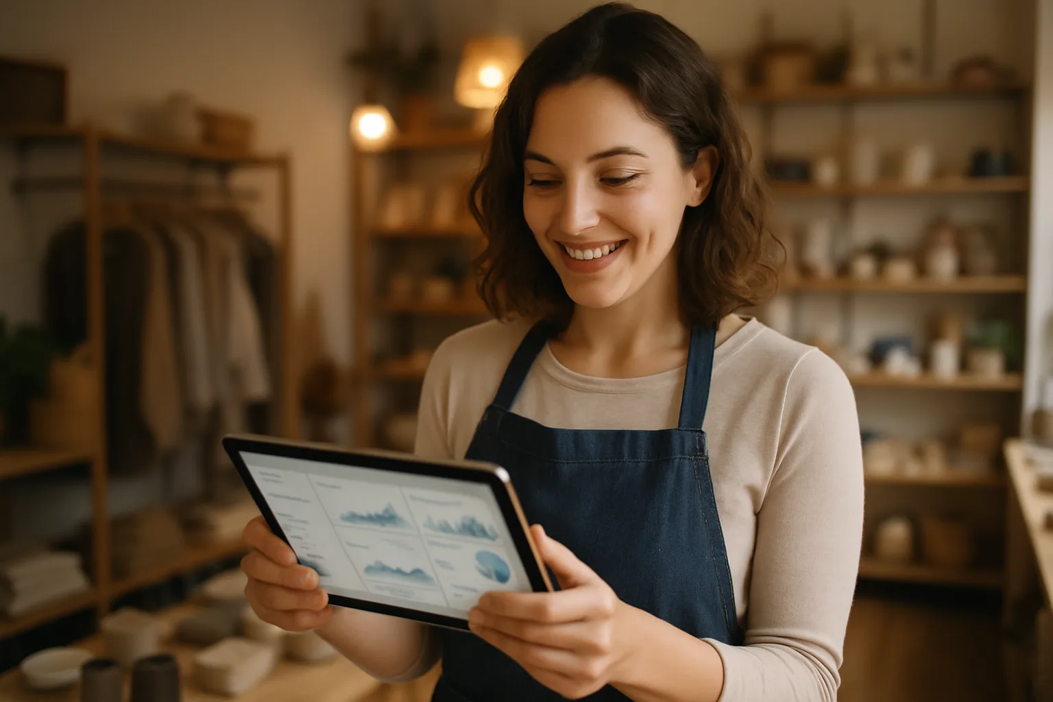 Small business owner checking her website performance on a tablet in her shop