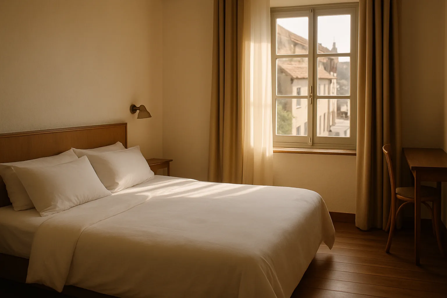 Chambre lumineuse d'un hôtel indépendant français prête à accueillir un client en réservation directe