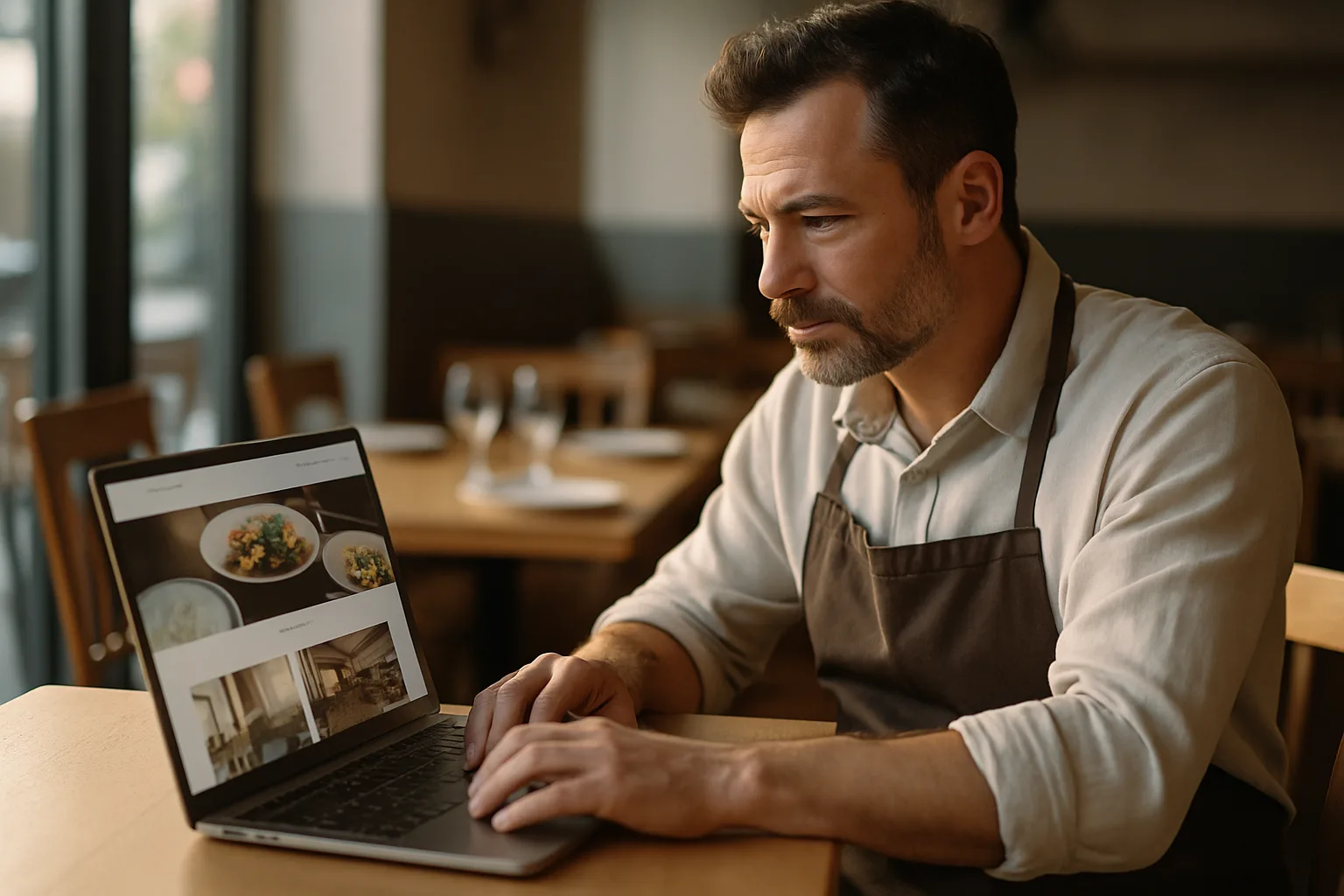Restaurantinhaber überprüft die neue Restaurant-Website auf einem Laptop vor dem Mittagsservice