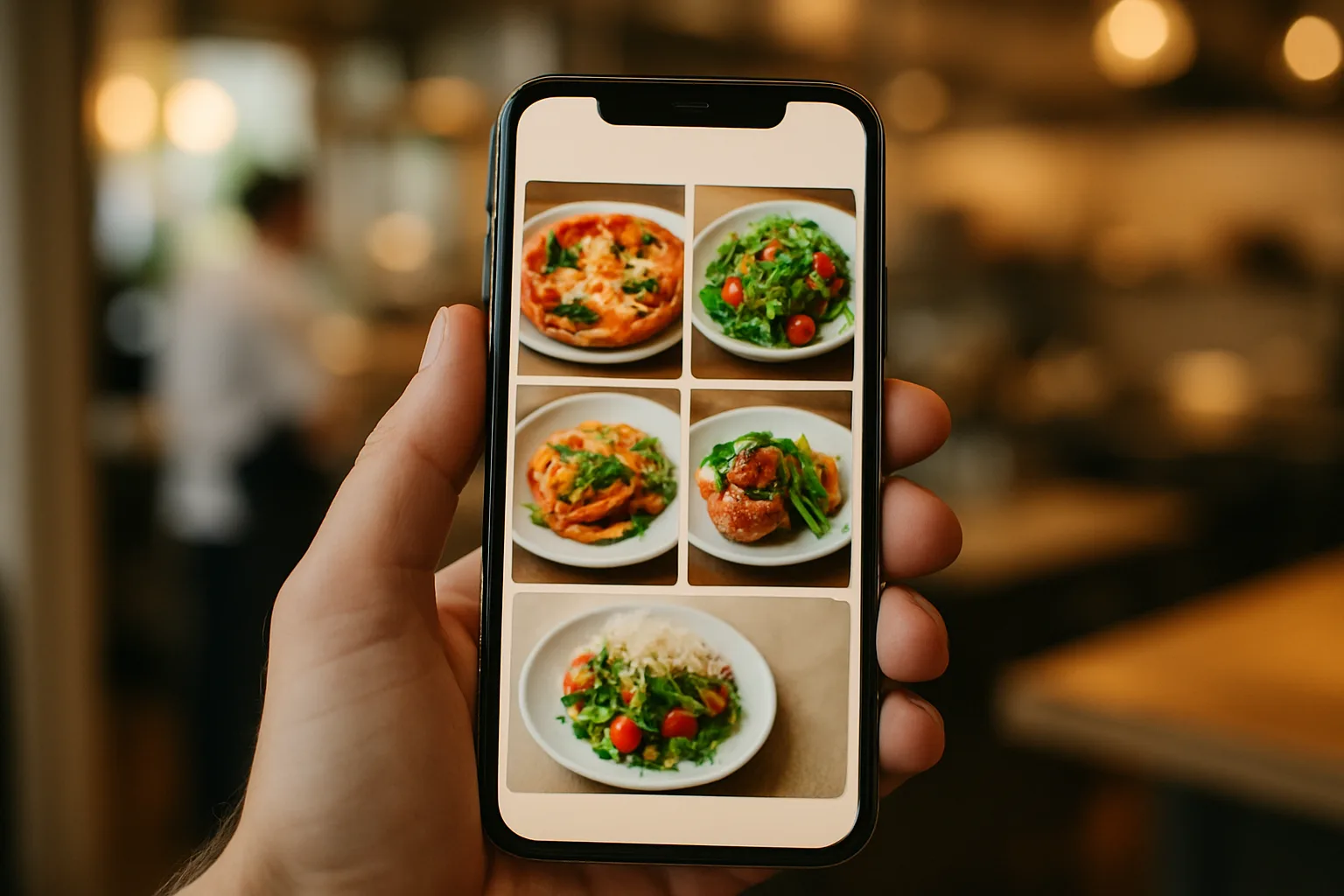 Smartphone mit mobiloptimierter Restaurant-Website und Speisekarte in der Hand eines Gastes