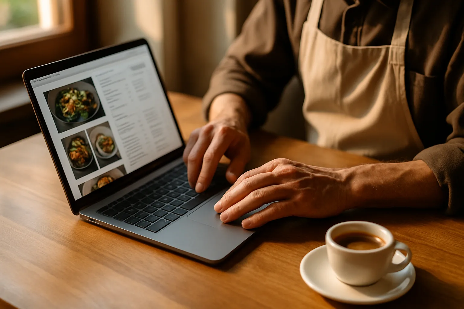 Restaurant owner updating the online menu on a laptop during a quiet morning before service