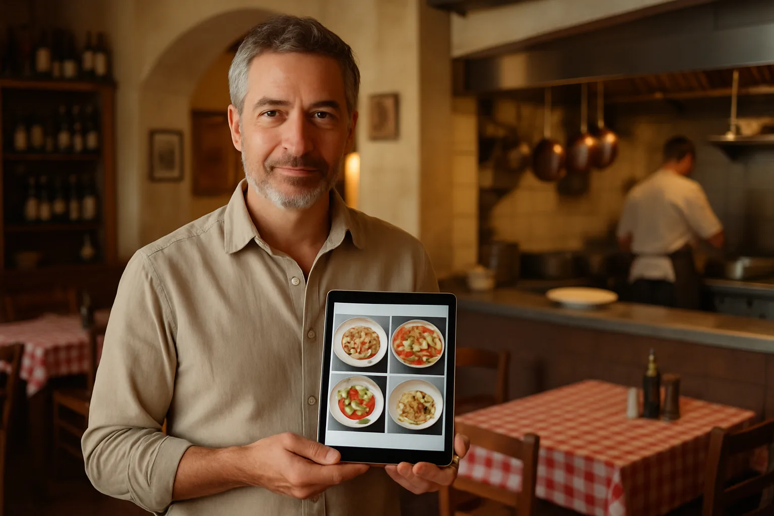 Titolare di ristorante che aggiorna il menu digitale su tablet in cucina