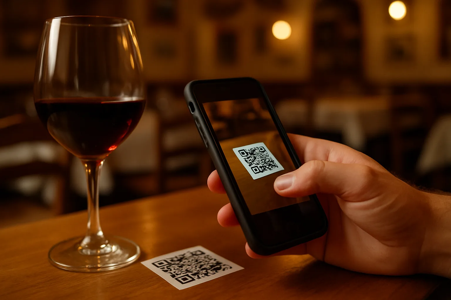 Cliente che scansiona il QR code del menu digitale al tavolo di un ristorante italiano