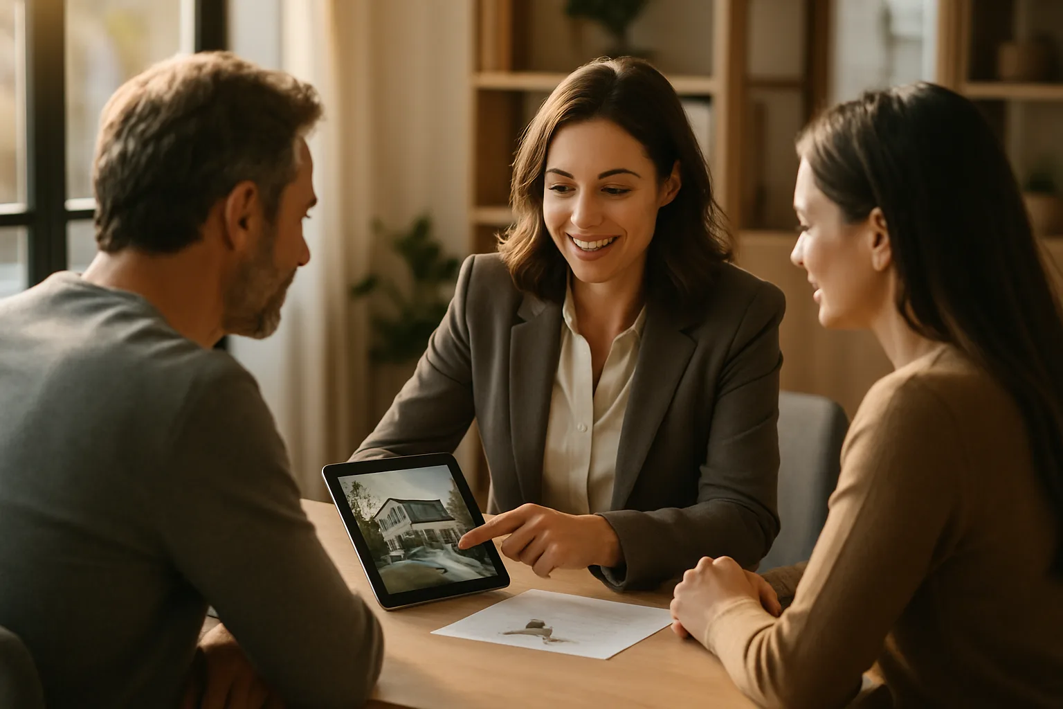 Agent immobilier présentant une annonce en ligne à des clients lors d'un rendez-vous en agence