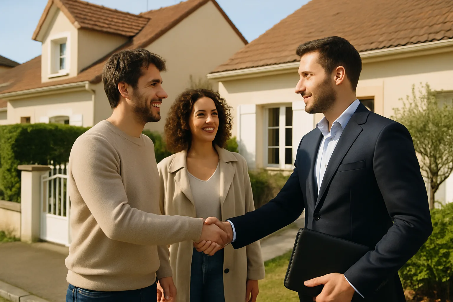 Agent immobilier concluant une transaction avec des clients devant une maison