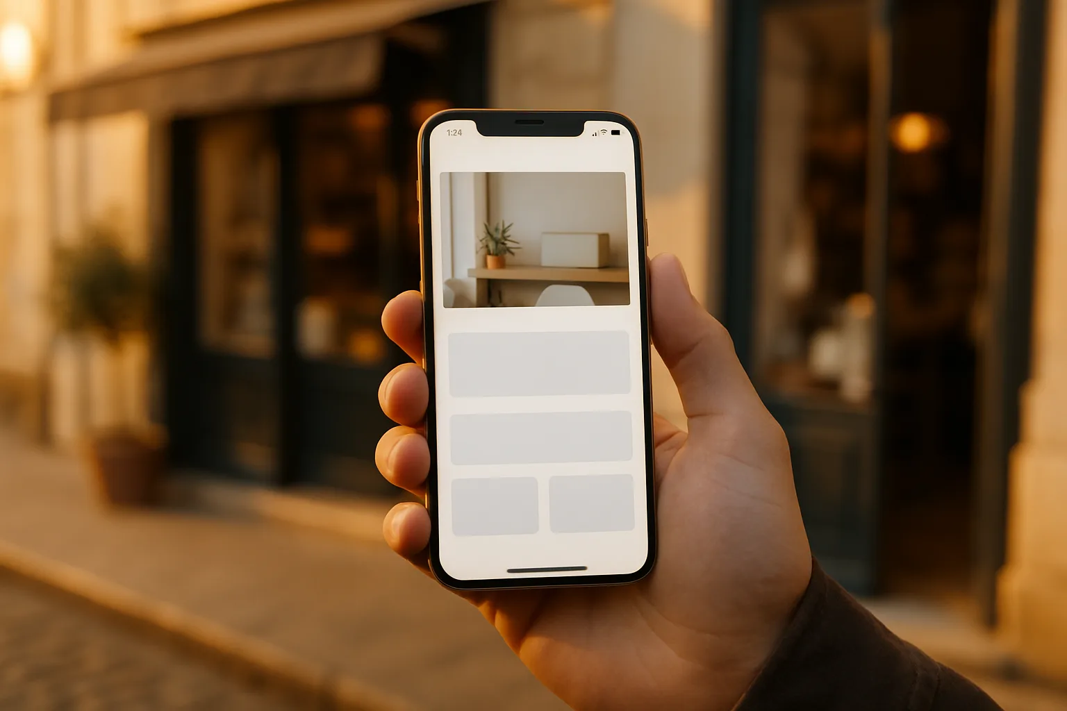 Affichage rapide d'un site internet professionnel sur smartphone devant une boutique française