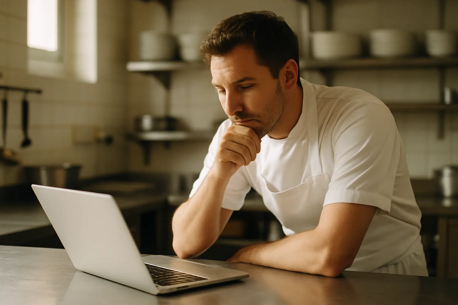 Chef de restaurant consultant son site internet sur un ordinateur portable entre deux services