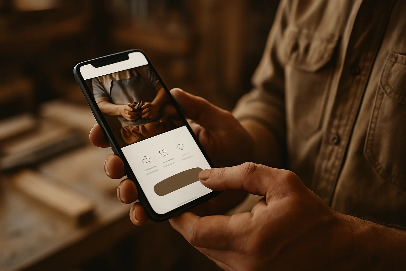 Mains d'un artisan tenant un téléphone avec sa vitrine professionnelle en ligne