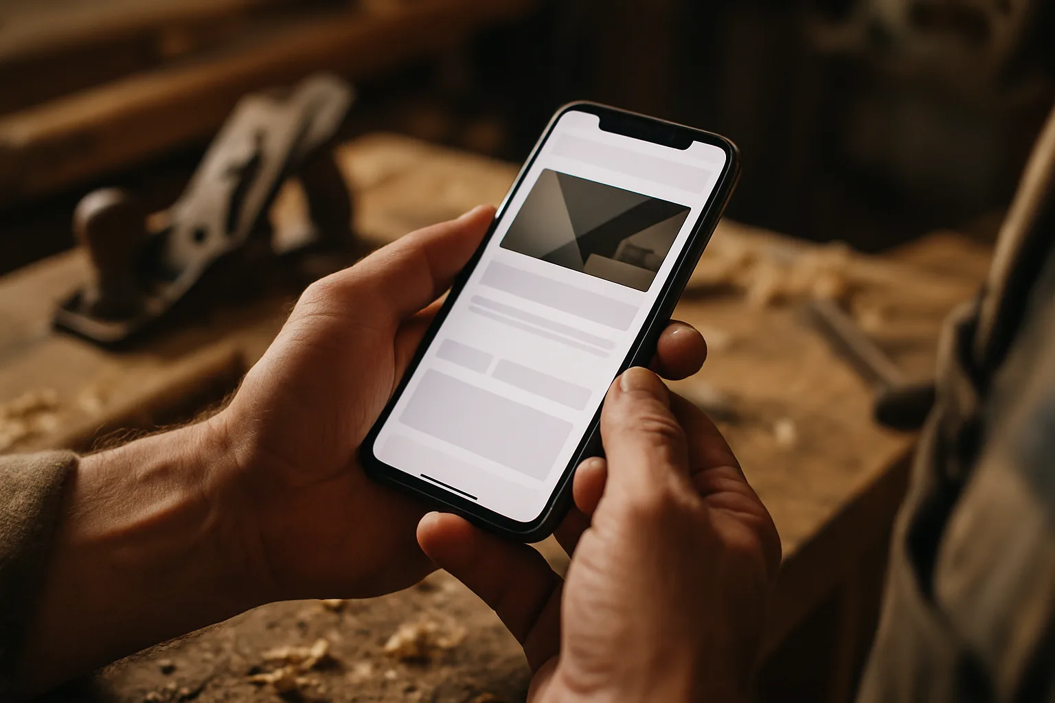 Un artisan consulte son site web professionnel sur smartphone dans son atelier
