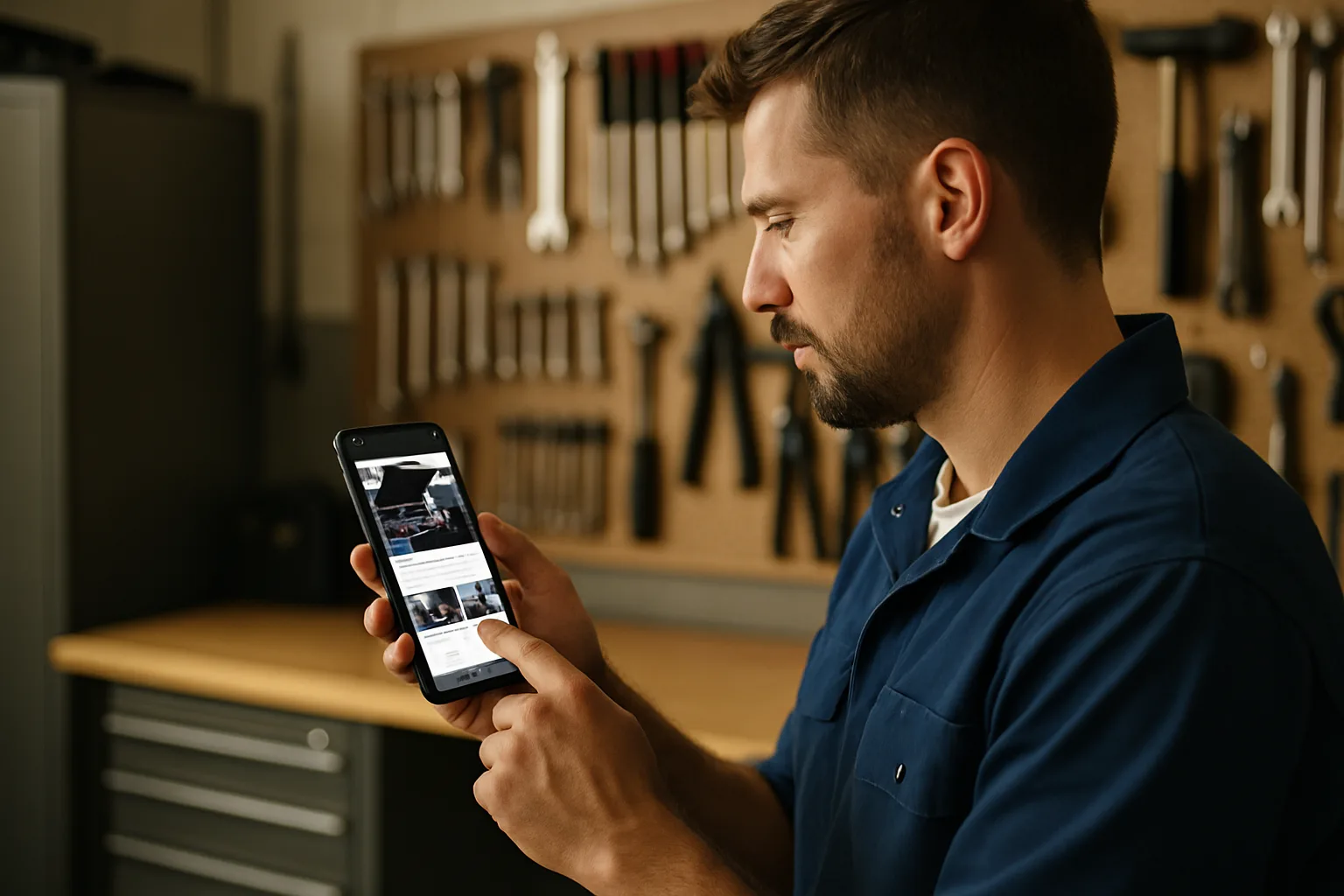 Mécanicien consultant le site web professionnel de son garage sur un smartphone