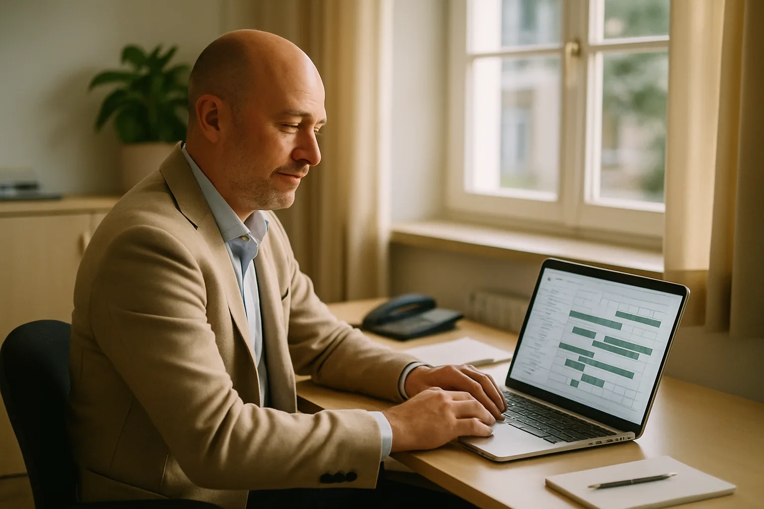 Hôtelier consultant son calendrier de réservations directes sur un ordinateur portable dans son bureau