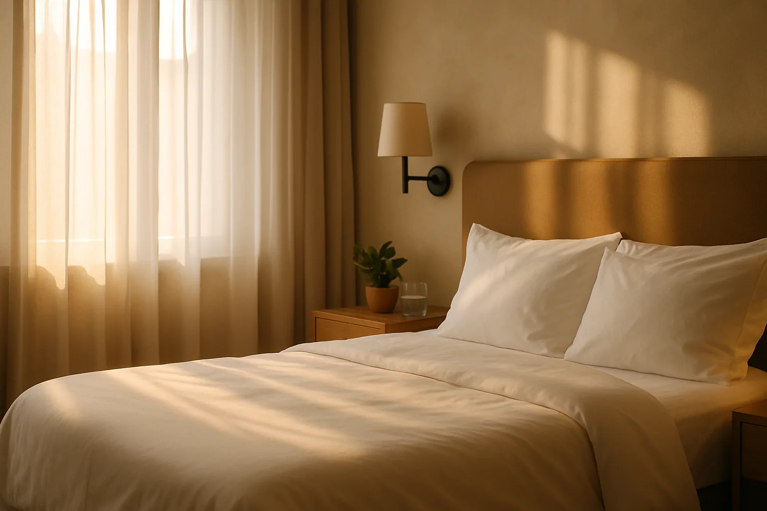 Chambre d'hôtel boutique lumineuse avec linge blanc immaculé et lumière du matin filtrant à travers les rideaux
