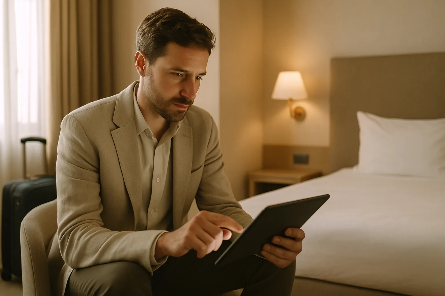 Voyageur effectuant une réservation directe sur tablette dans une chambre d'hôtel française