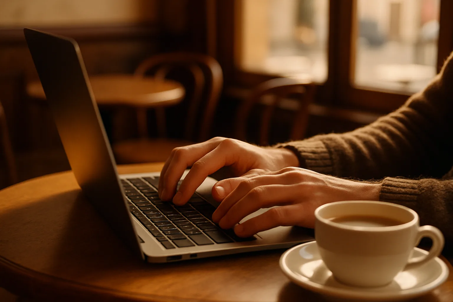 Un entrepreneur configure son site web depuis un café, les mains sur le clavier