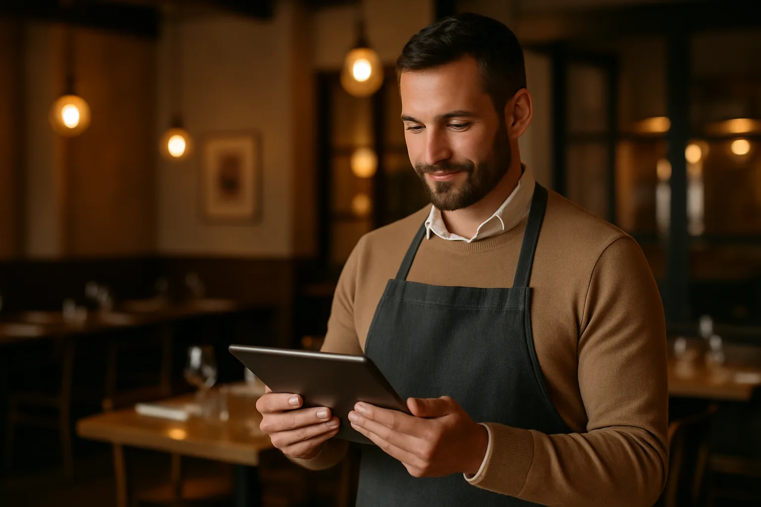 Un restaurateur consulte le site web de son établissement sur une tablette avant le service