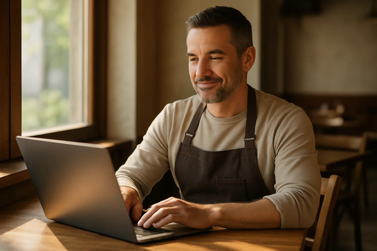 Restaurateur consultant le site web de son restaurant sur un ordinateur portable en salle