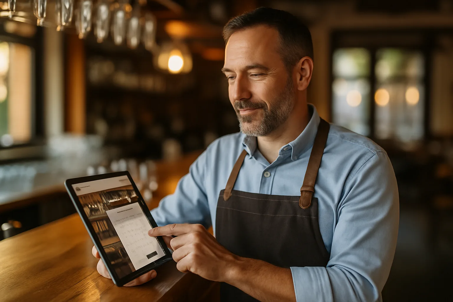 Restaurateur consultant les réservations en ligne sur une tablette derrière son bar