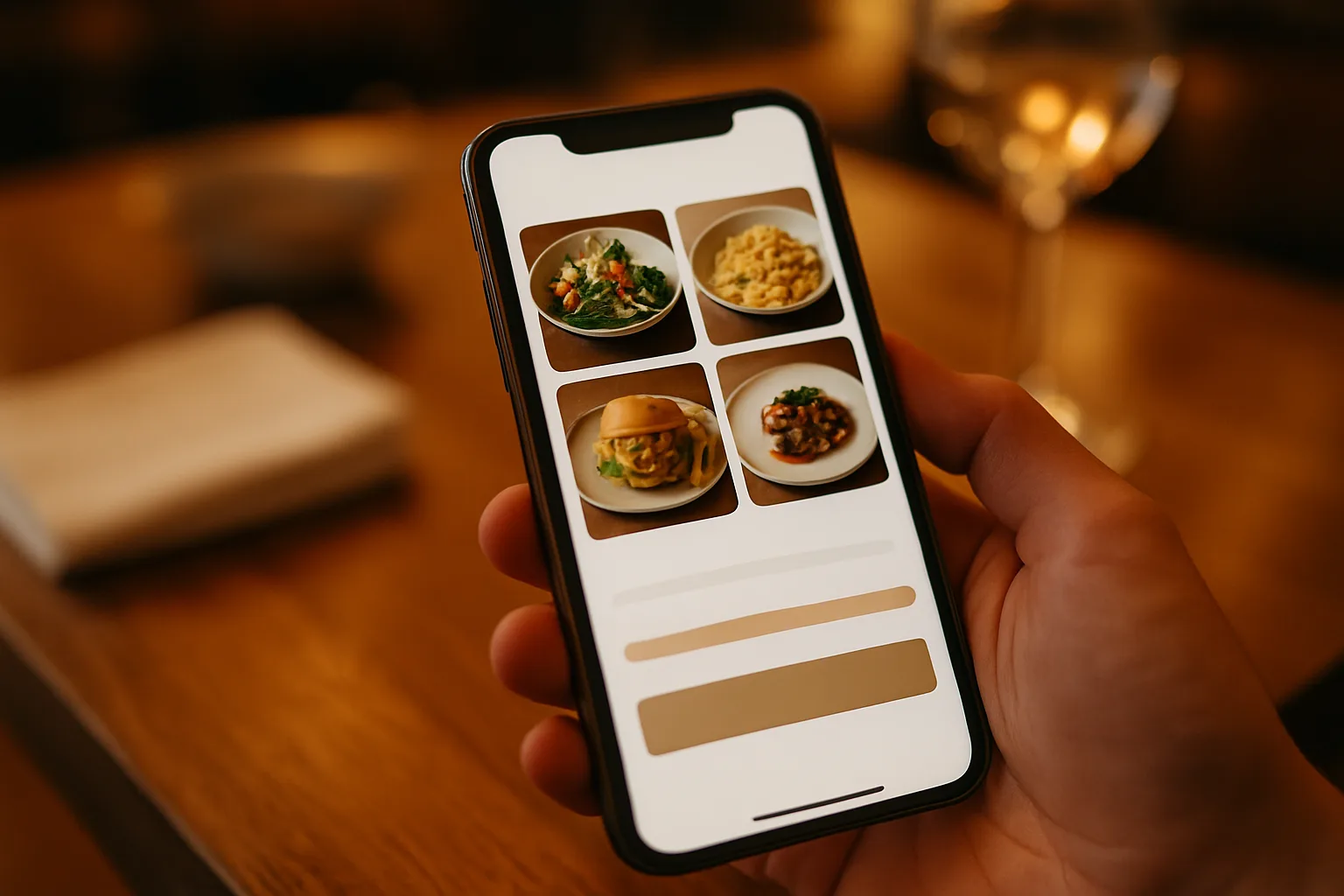 Menu digital et bouton de réservation en ligne affiché sur un smartphone dans un restaurant