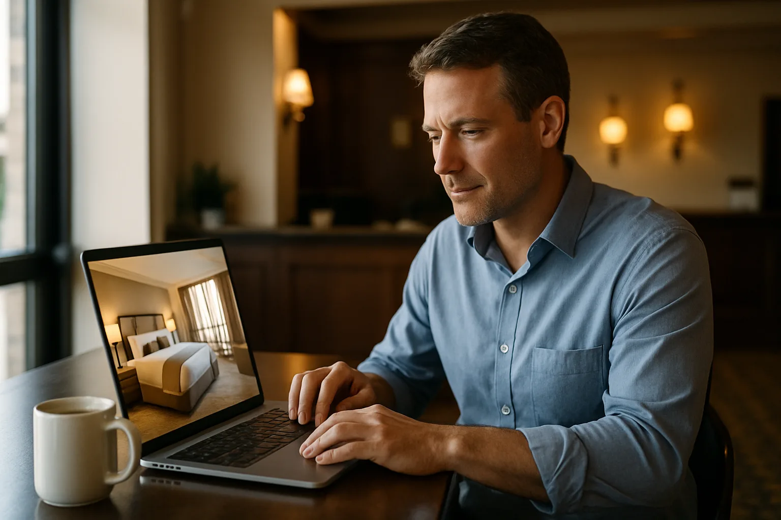 Proprietario di hotel che controlla il sito dell'hotel su un laptop alla reception al mattino