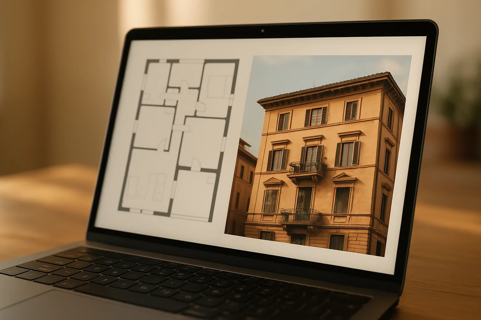 Scheda proprietà immobiliare su un sito web professionale con foto e planimetria