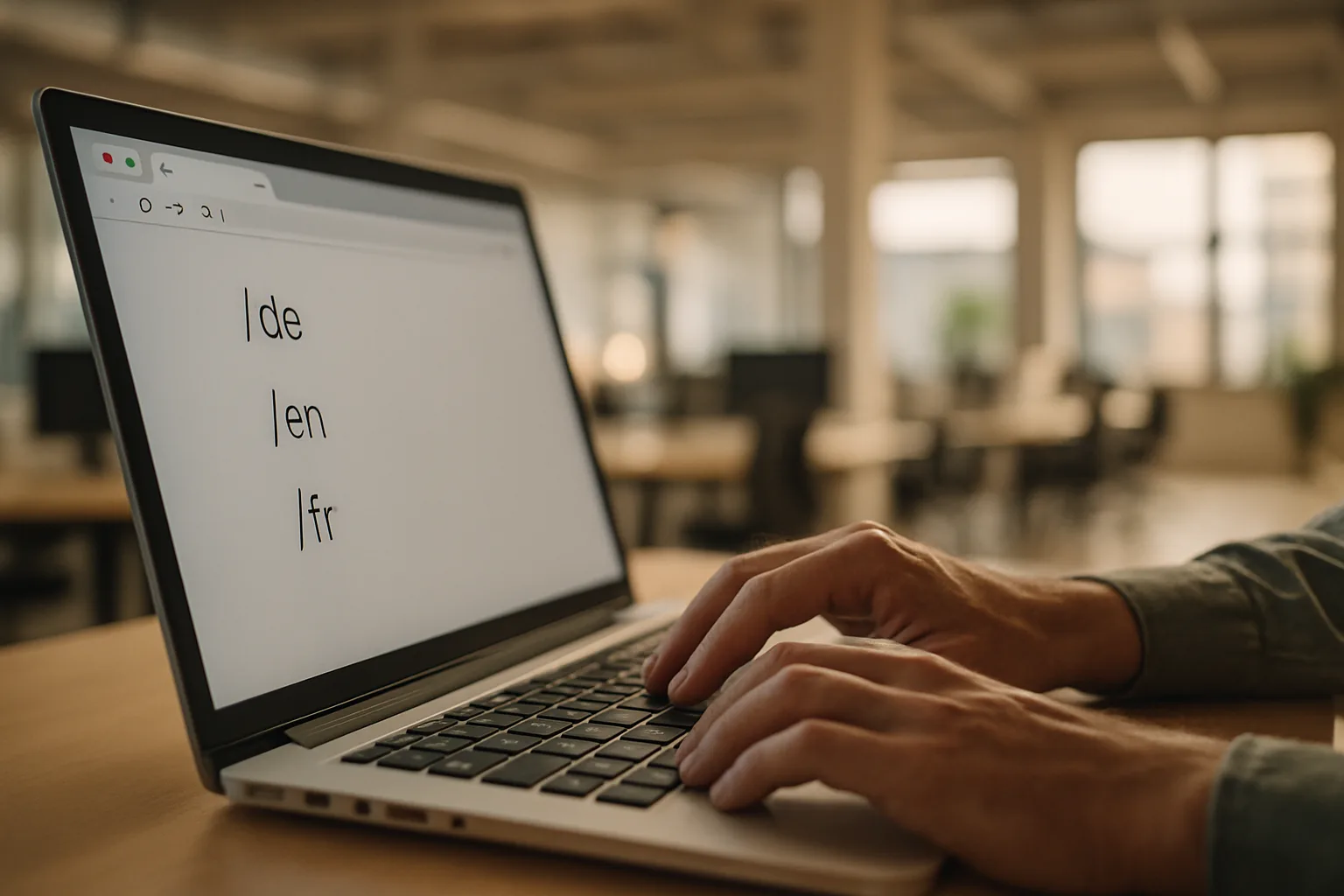 Struttura URL multilingue con sottodirectory per tedesco e francese visibile nel browser