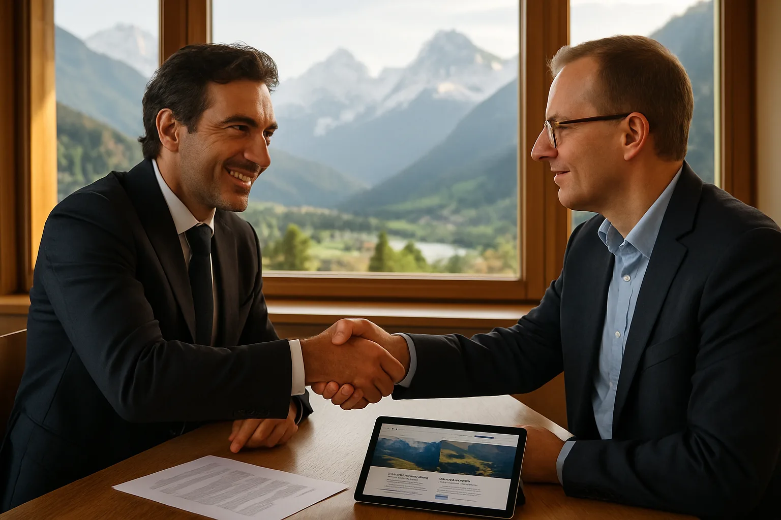 Incontro commerciale tra imprenditore italiano e cliente tedesco con sito web bilingue su tablet