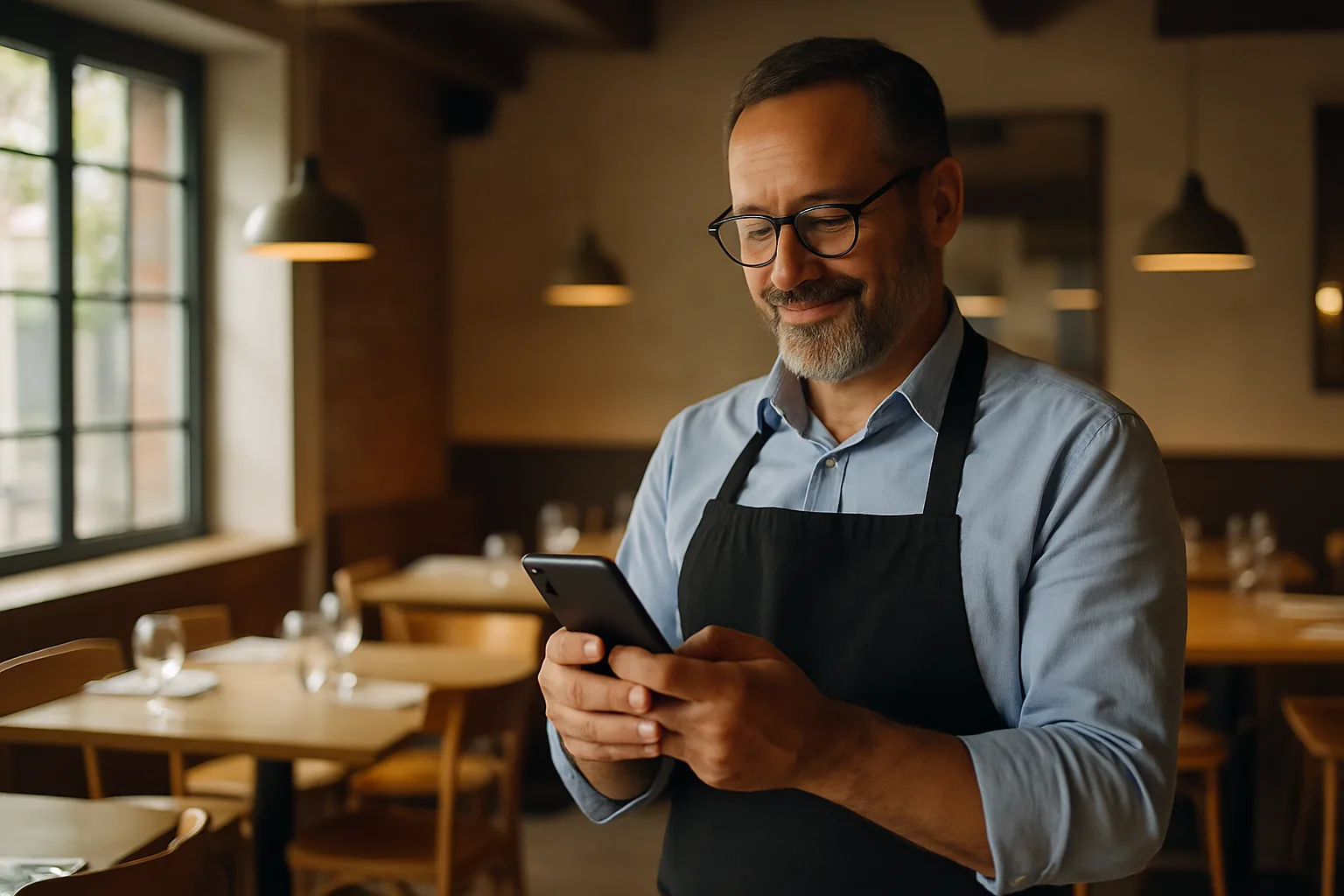 Ristoratore italiano che controlla la presenza online del proprio locale dallo smartphone