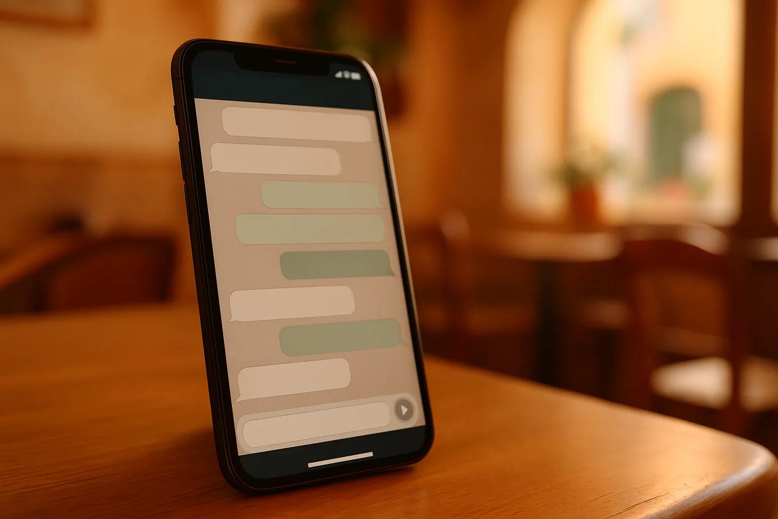 Smartphone zeigt einen dreisprachigen Kundenchat auf WhatsApp auf einem hölzernen Café-Tisch auf Zypern