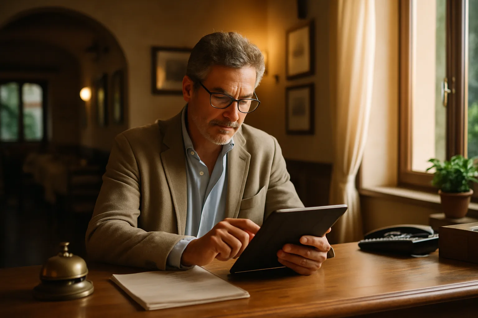 Titolare di un piccolo hotel che legge le richieste di contatto raccolte di notte dal chatbot del sito