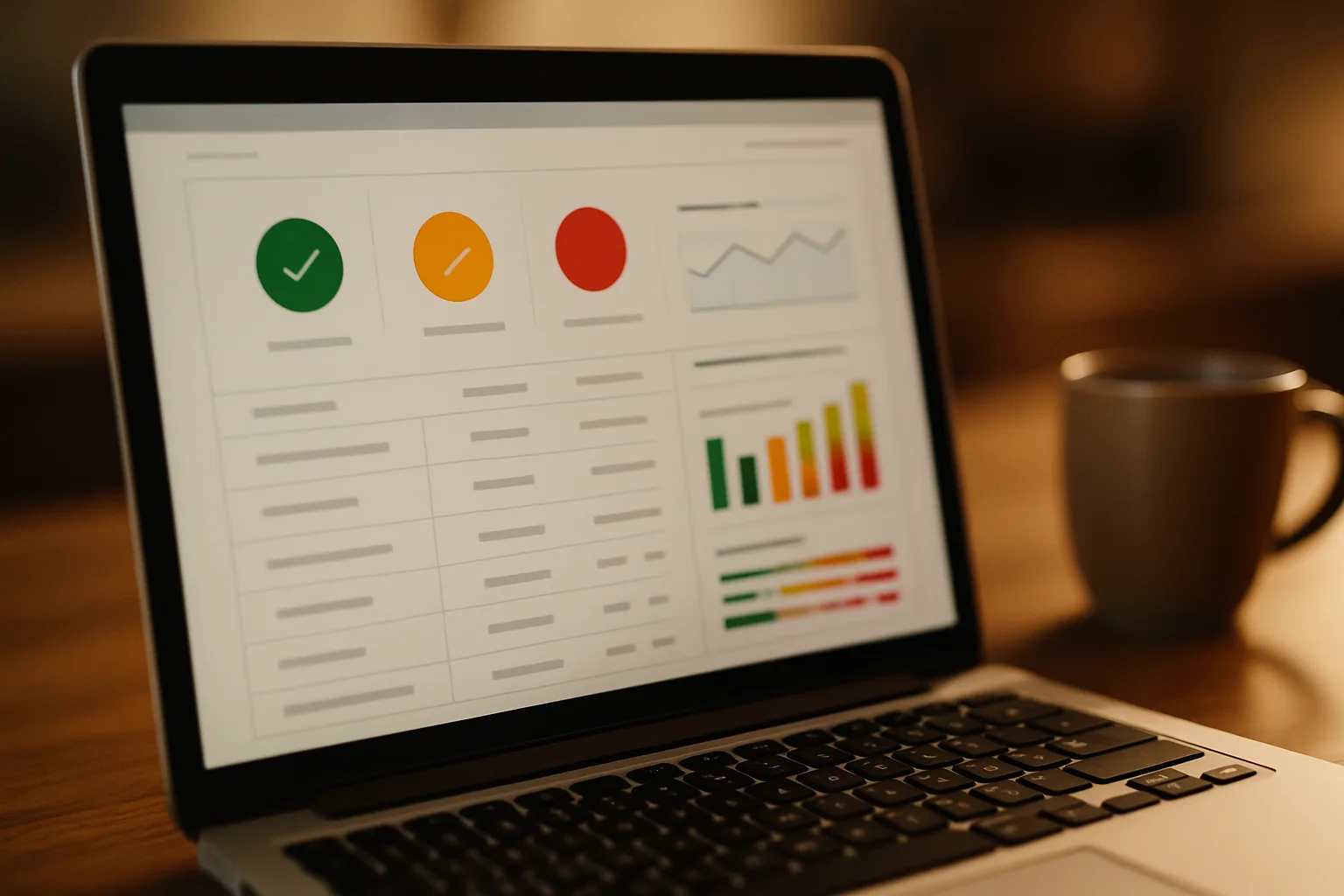 Dashboard di analisi sito con indicatori di performance visibili sullo schermo di un laptop