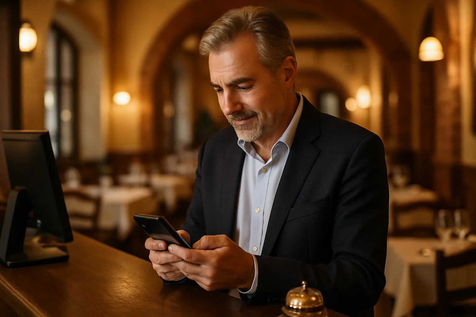 Ristoratore controlla i risultati di ricerca del suo sito sul telefono alla reception del locale