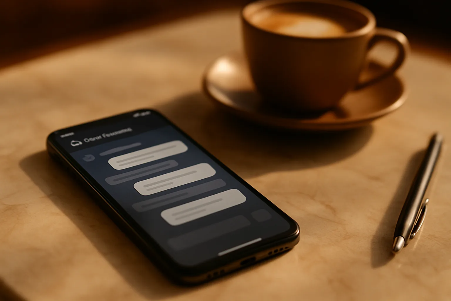 Smartphone zeigt KI-Chat-Antwort auf einem Café-Tresen — Symbol für KI-Suche im Alltag