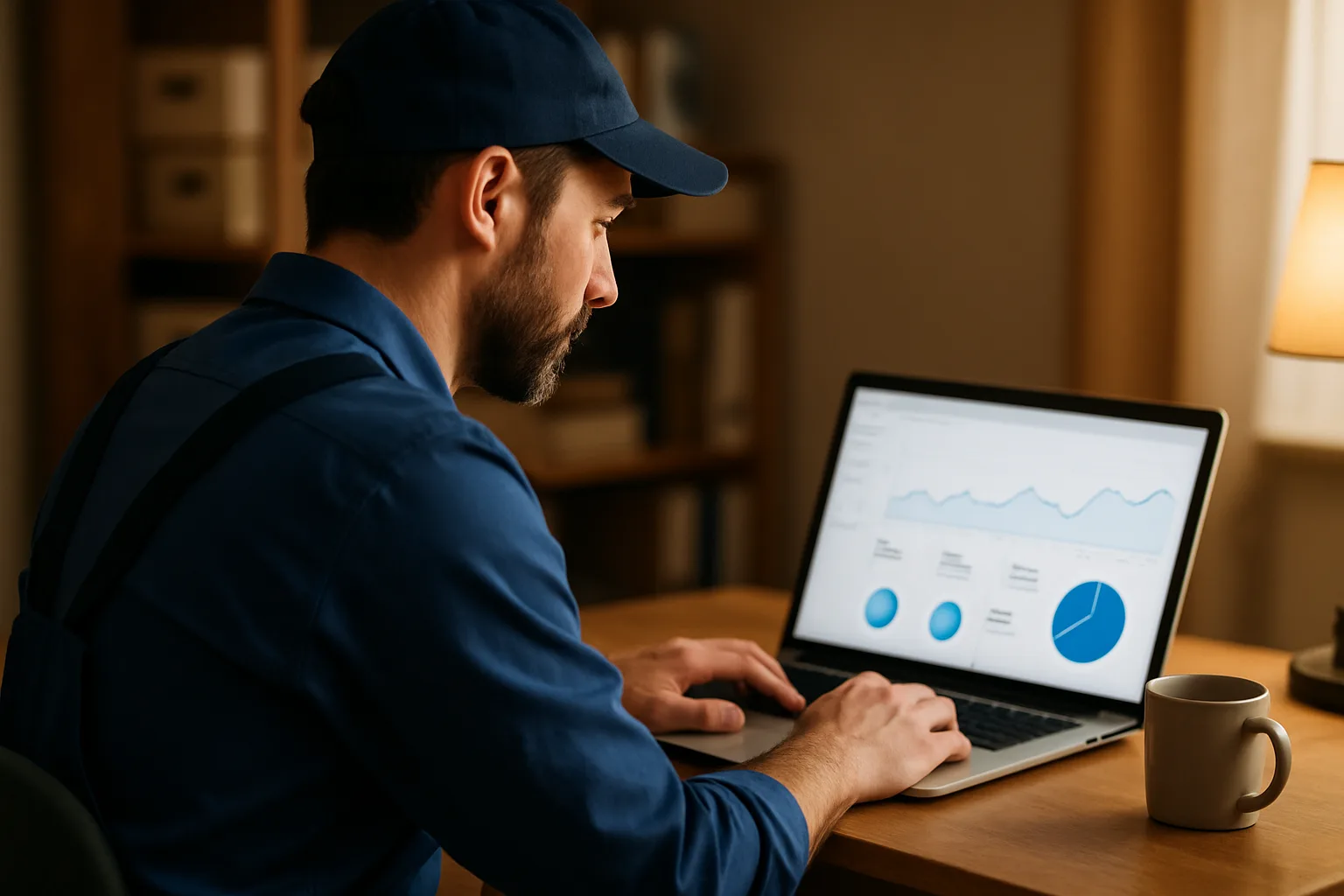 Klempner analysiert am Laptop die Sichtbarkeit seines Betriebs im Internet