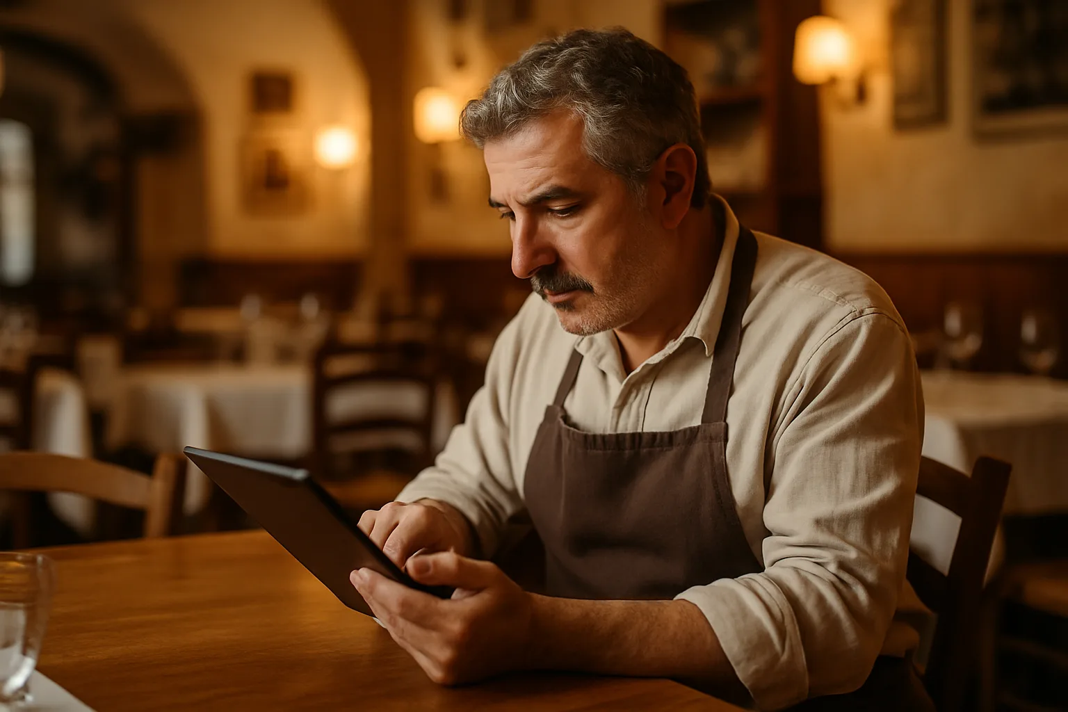 Ristoratore romano consulta le statistiche del suo sito web su un tablet nella sala del suo ristorante