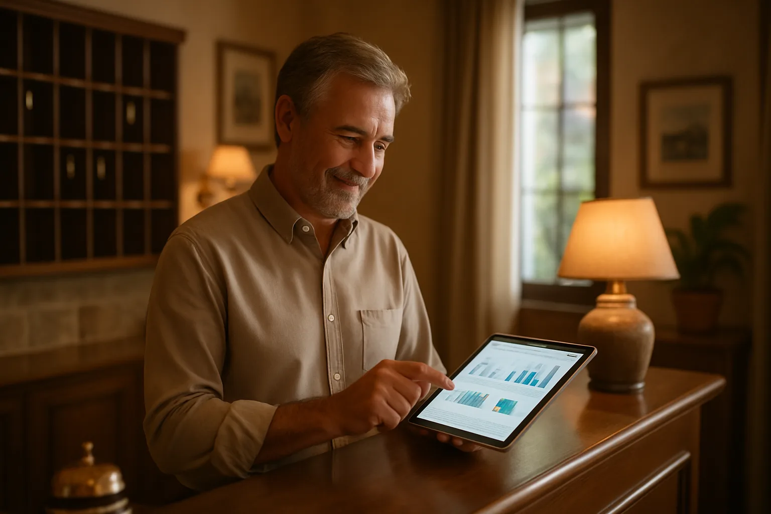 Albergatore che monitora le performance del sito web dal tablet alla reception del proprio hotel
