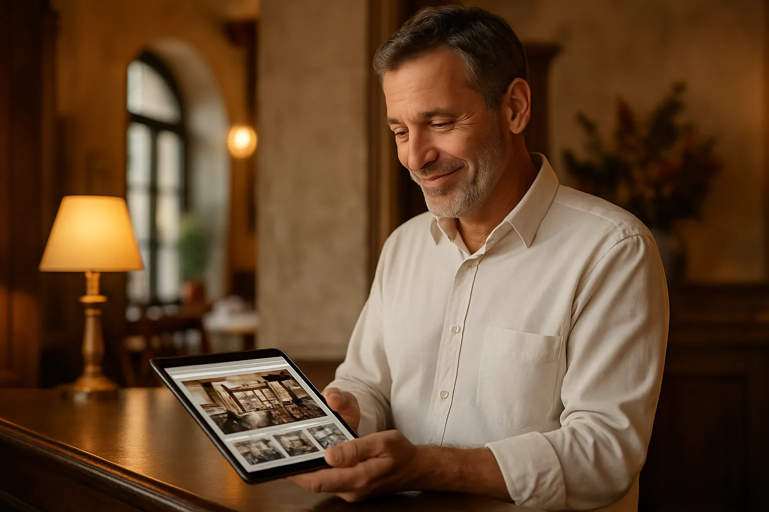 Titolare di hotel o ristorante soddisfatto del proprio sito web professionale visualizzato su tablet