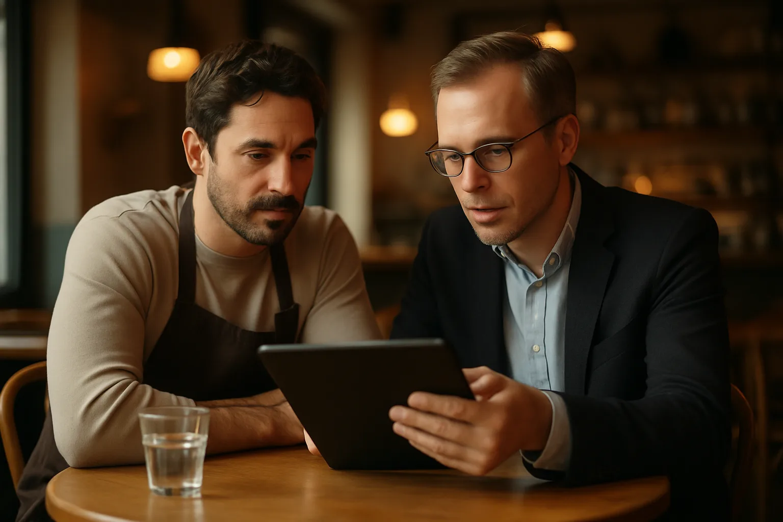 Gastronom und Berater besprechen gemeinsam eine neue Website auf dem Tablet