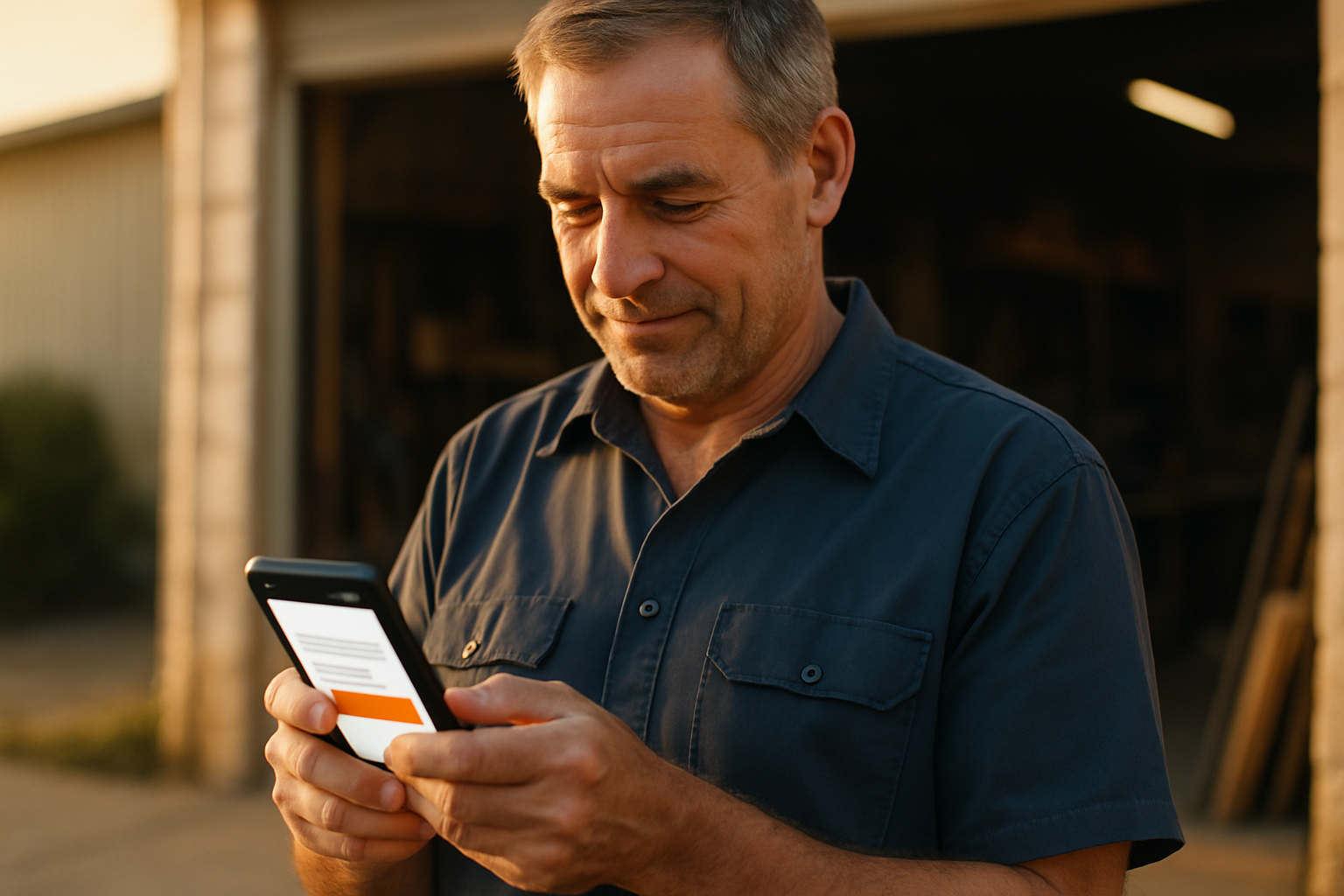 Trades business owner checking his professional mobile website on a smartphone