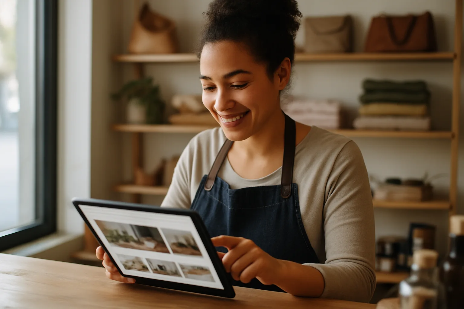 Boutique shop owner checking their new professional website on a tablet in their store
