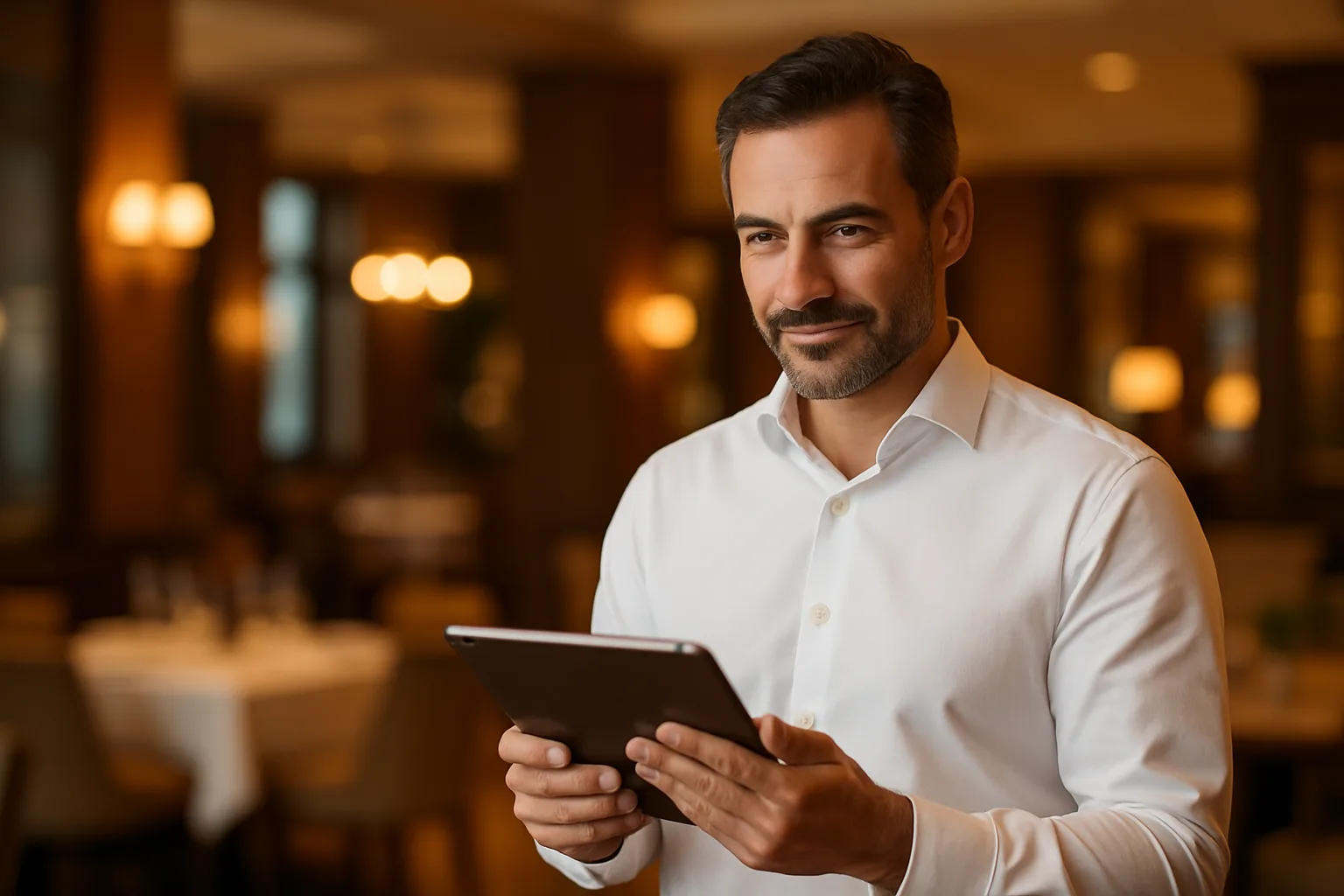 Gastronom prüft die KI-Sichtbarkeit seines Unternehmens auf einem Tablet
