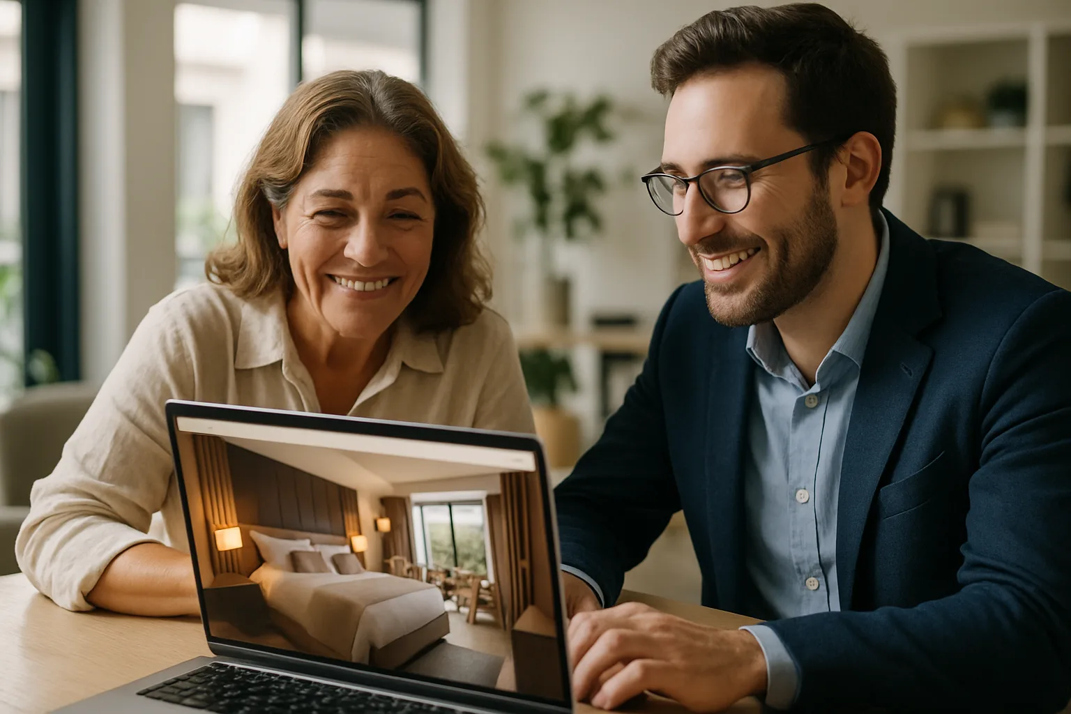 A business owner and website creator reviewing a live site preview together before approval