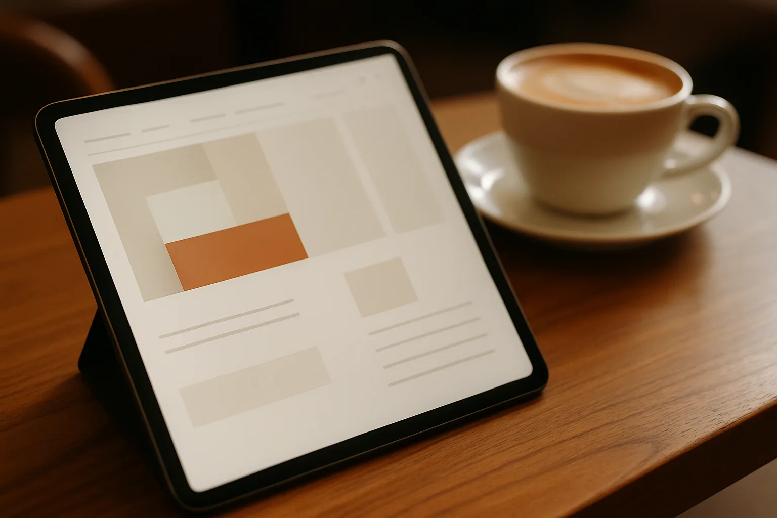 Modernes Website Design mit klarer Typografie auf einem Tablet in einem Café