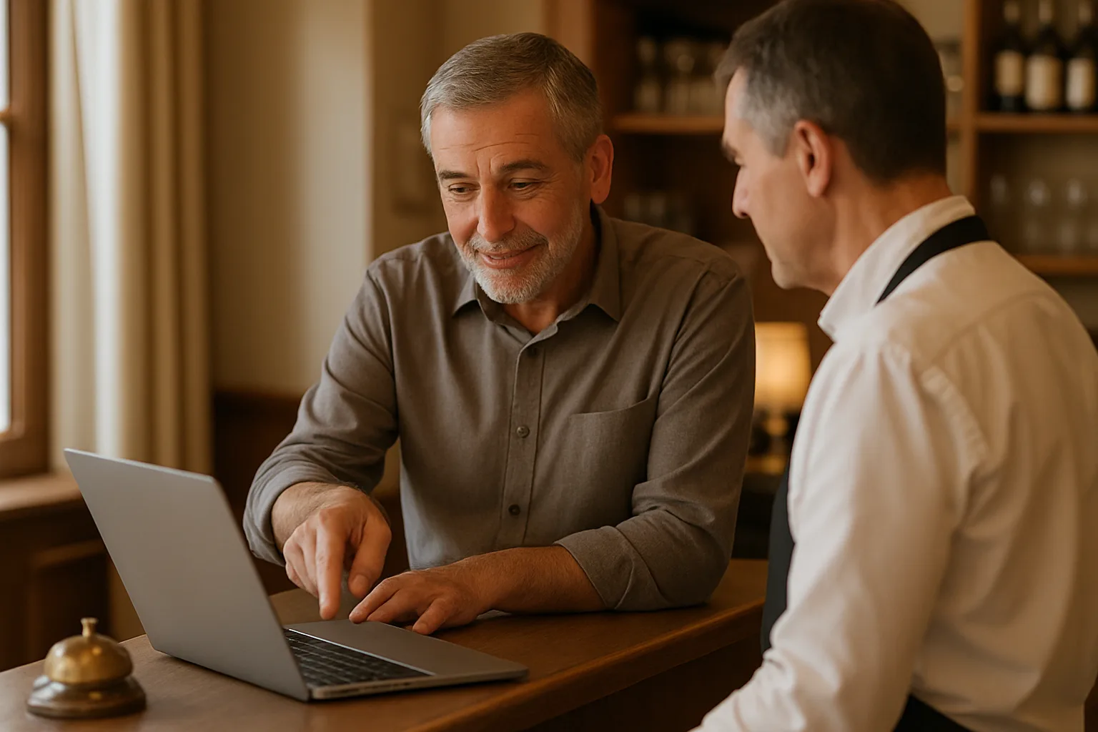 Gastronomiebetreiber zeigt einem Mitarbeiter das neue Website Design auf einem Laptop