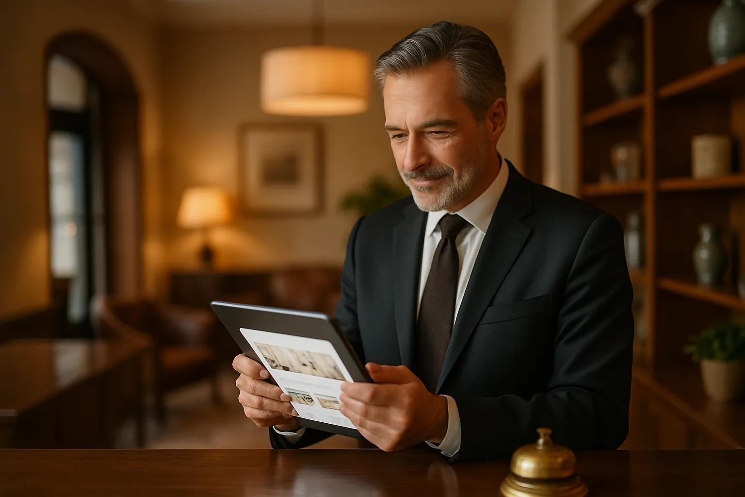 Hotelier checking his business website on a tablet at the front desk