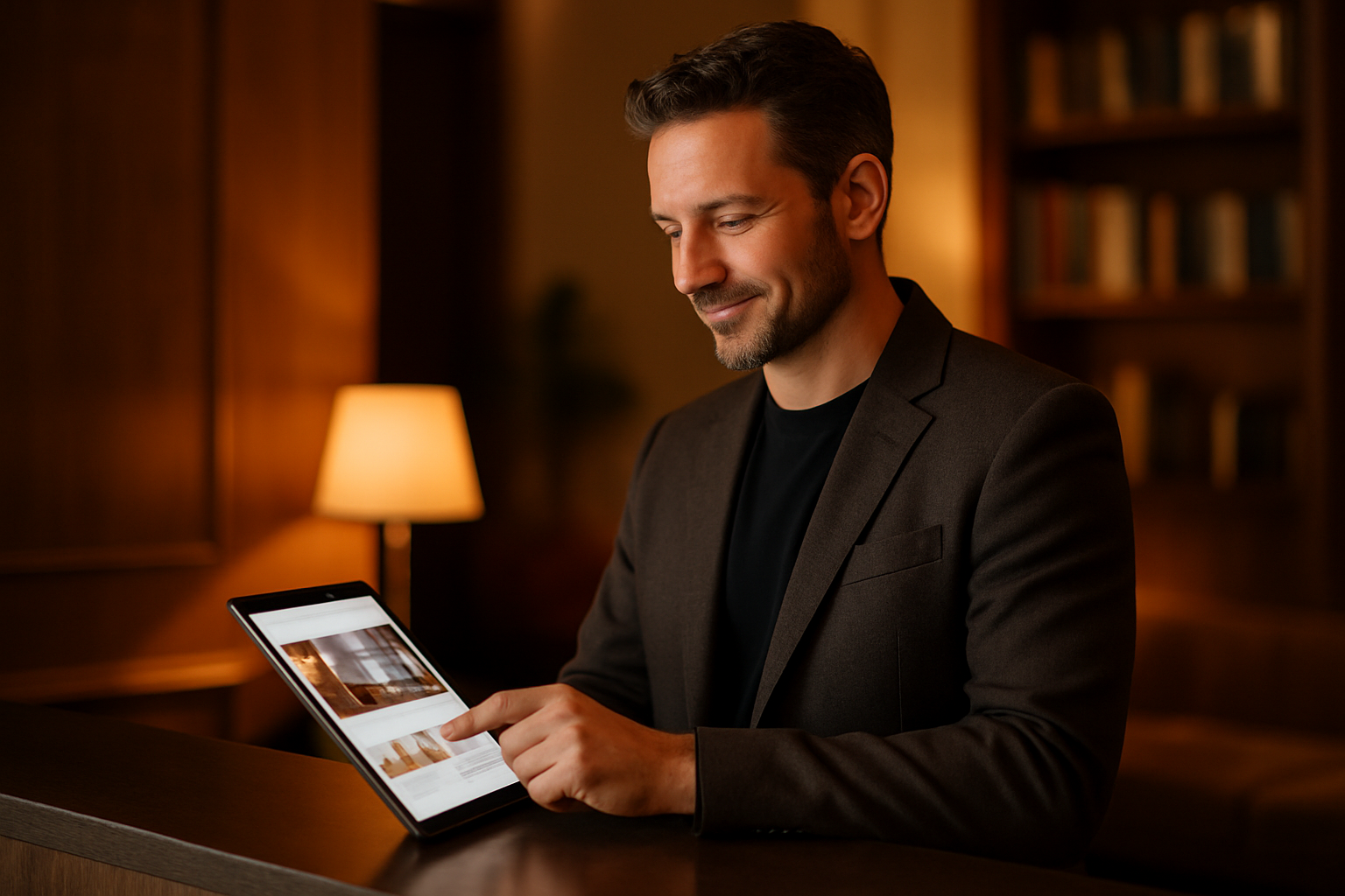 A small business owner checking their professional website on a tablet at their reception desk