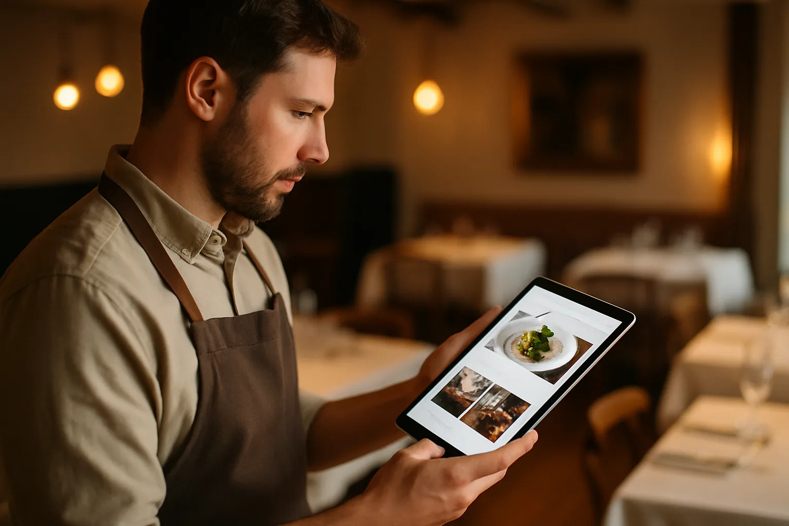 Gastronom sieht sich seine neue Website auf einem Tablet an – im Restaurant vor der Öffnung
